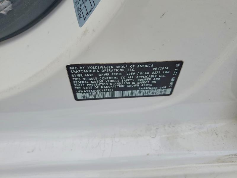 Продажа на аукционе авто 2014 Volkswagen Passat, vin: 1VWAT7A31EC119157, номер лота: 47946876