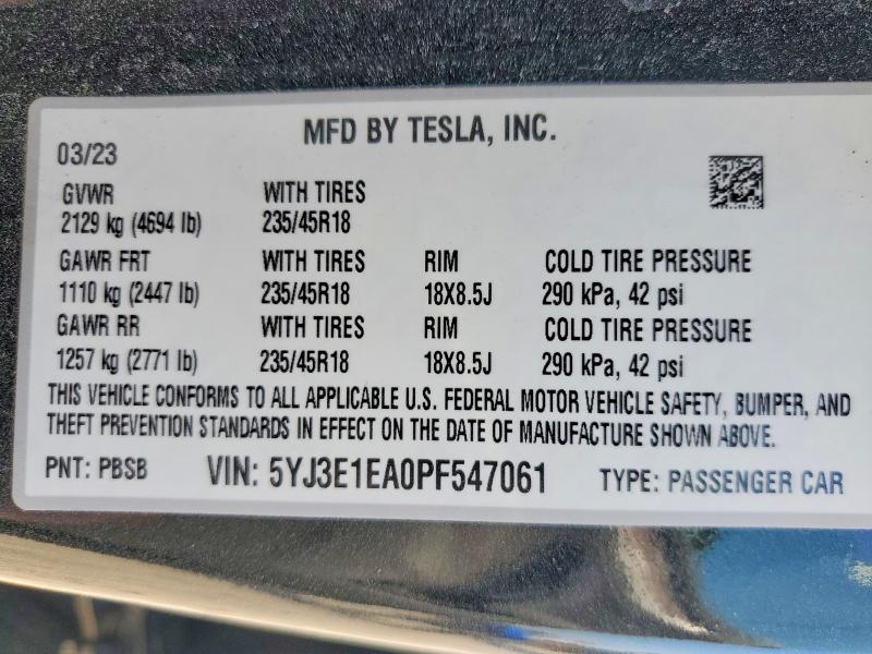 2023 Tesla Model 3 მანქანა იყიდება აუქციონზე, vin: 5YJ3E1EA0PF547061, აუქციონის ნომერი: 47771026