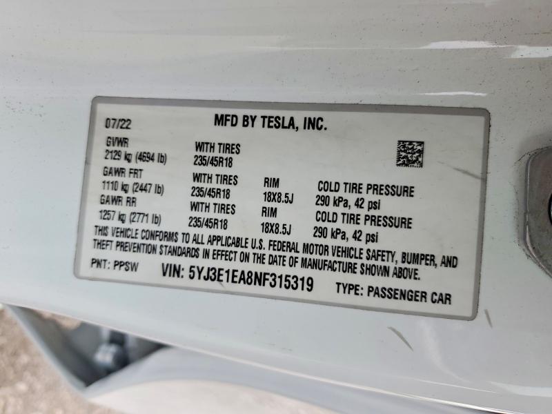 Aukcja sprzedaży 2022 Tesla Model 3, vin: 5YJ3E1EA8NF315319, numer aukcji: 47079176