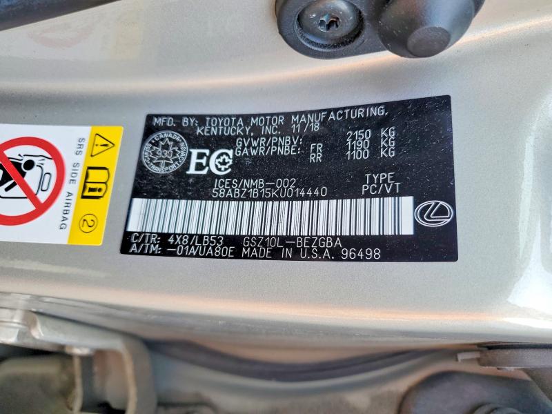 77296195 :رقم المزاد ، 58ABZ1B15KU014440 vin ، 2019 Lexus Es مزاد بيع