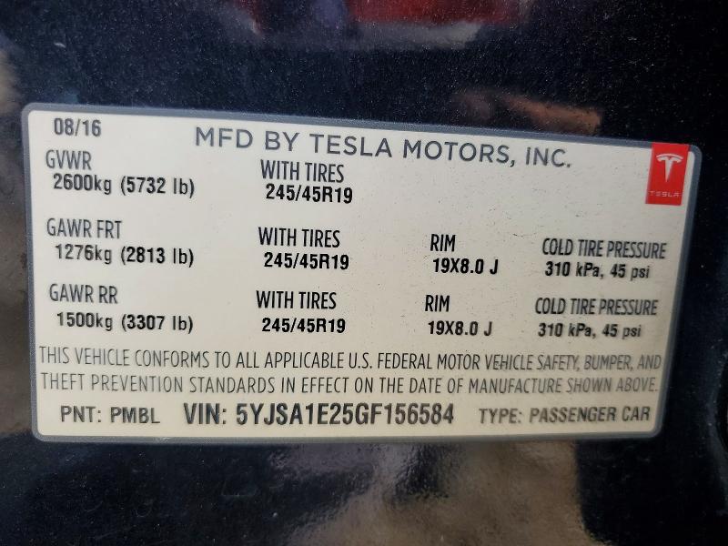 Продажа на аукционе авто 2016 Tesla Model S, vin: 5YJSA1E25GF156584, номер лота: 45665536