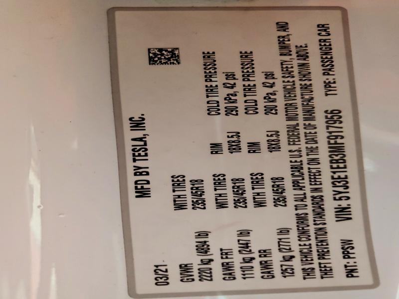 Aukcja sprzedaży 2021 Tesla Model 3, vin: 5YJ3E1EB3MF917956, numer aukcji: 47179466
