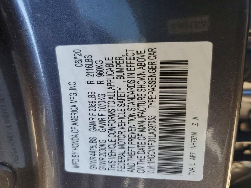 47318996 :رقم المزاد ، 1HGCV1F31LA097053 vin ، 2020 Honda Accord مزاد بيع