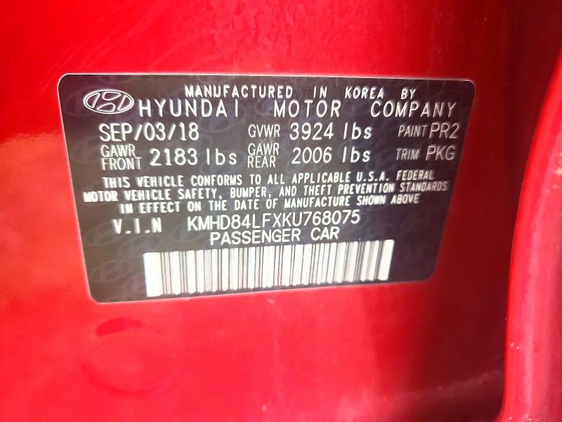 Aukcja sprzedaży 2019 Hyundai Elantra, vin: KMHD84LFXKU768075, numer aukcji: 72277805