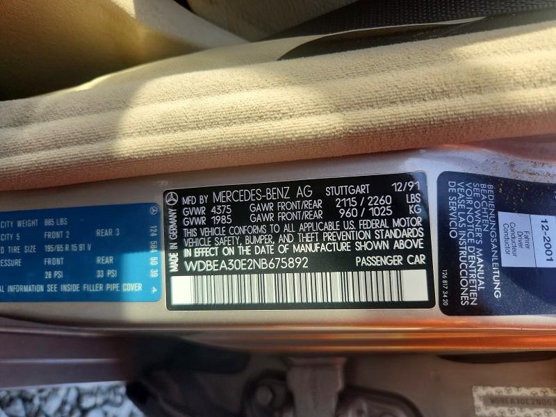 Продаж на аукціоні авто 1992 Mercedes Benz 300, vin: WDBEA30E2NB675892, номер лоту: 46197496