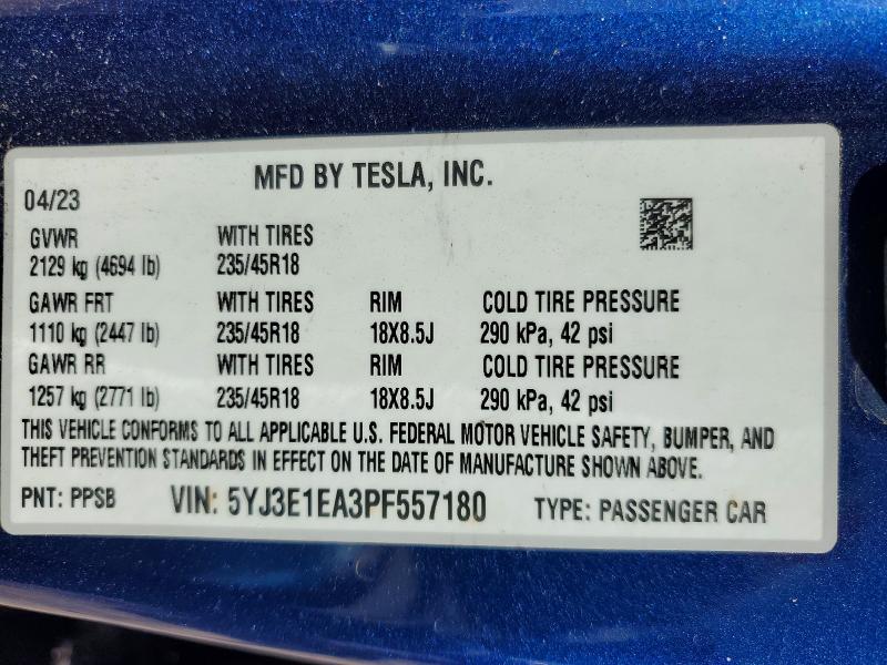 Aukcja sprzedaży 2023 Tesla Model 3, vin: 5YJ3E1EA3PF557180, numer aukcji: 46098366