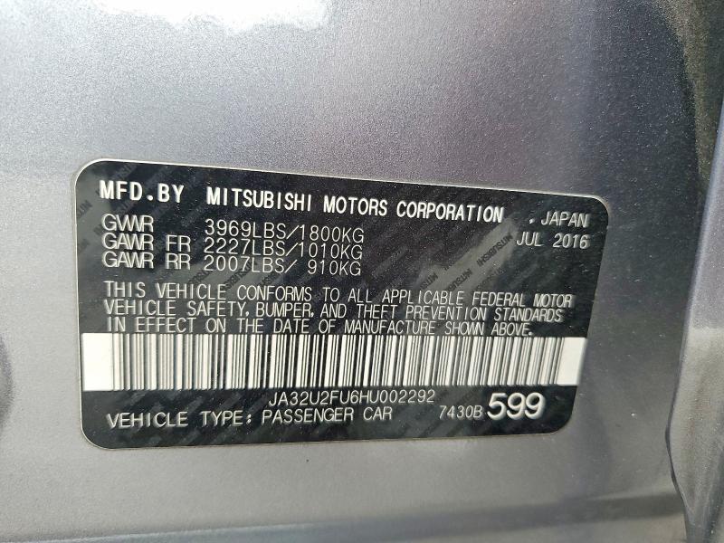 Aukcja sprzedaży 2017 Mitsubishi Lancer, vin: JA32U2FU6HU002292, numer aukcji: 47649696
