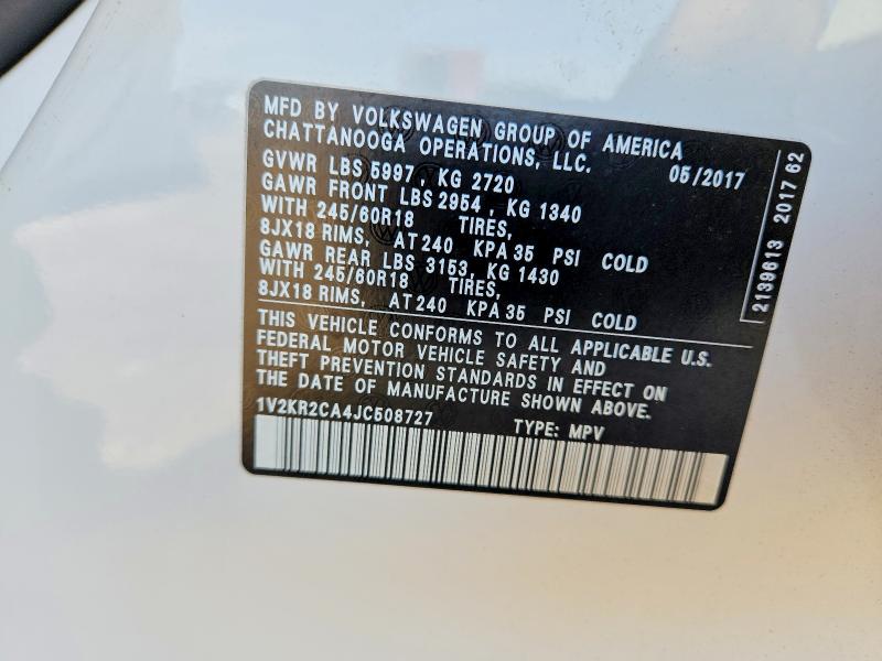 46802786 :رقم المزاد ، 1V2KR2CA4JC508727 vin ، 2018 Volkswagen Atlas مزاد بيع