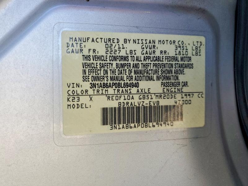 2011 Nissan Sentra მანქანა იყიდება აუქციონზე, vin: 3N1AB6AP0BL694940, აუქციონის ნომერი: 45574576