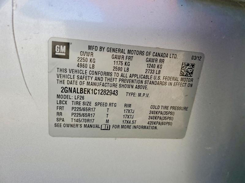 47282096 :رقم المزاد ، 2GNALBEK1C1282943 vin ، 2012 Chevrolet Equinox مزاد بيع