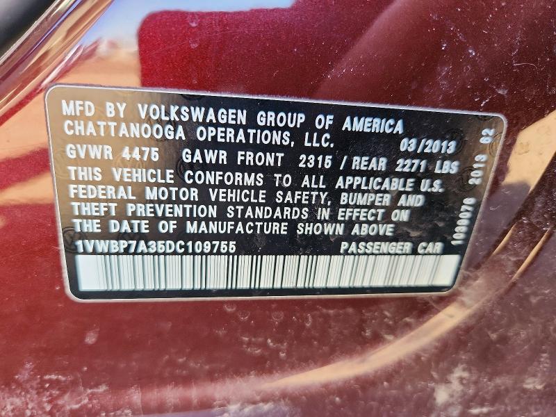 Продажа на аукционе авто 2013 Volkswagen Passat, vin: 1VWBP7A35DC109755, номер лота: 47197276