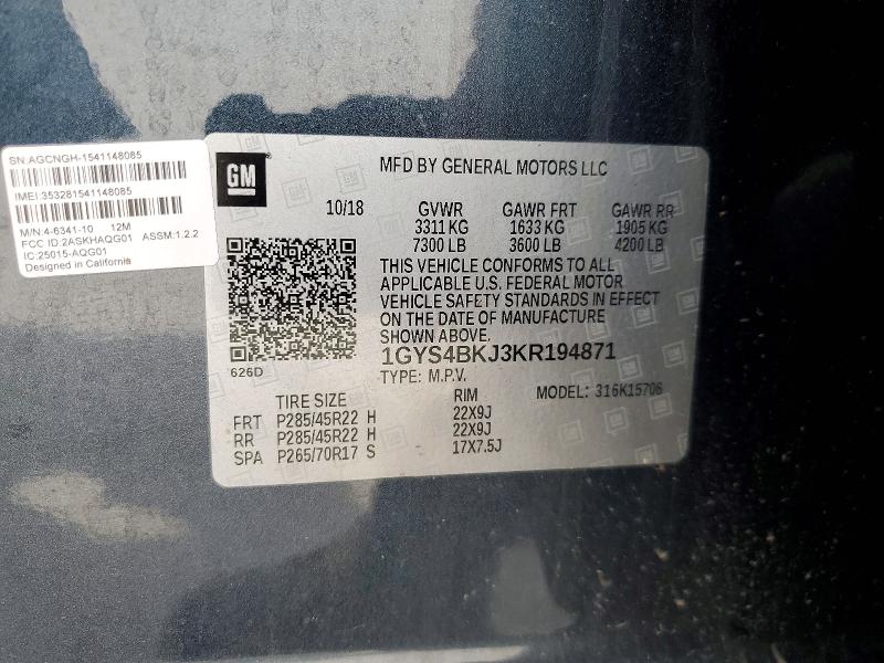 48060646 :رقم المزاد ، 1GYS4BKJ3KR194871 vin ، 2019 Cadillac Escalade مزاد بيع