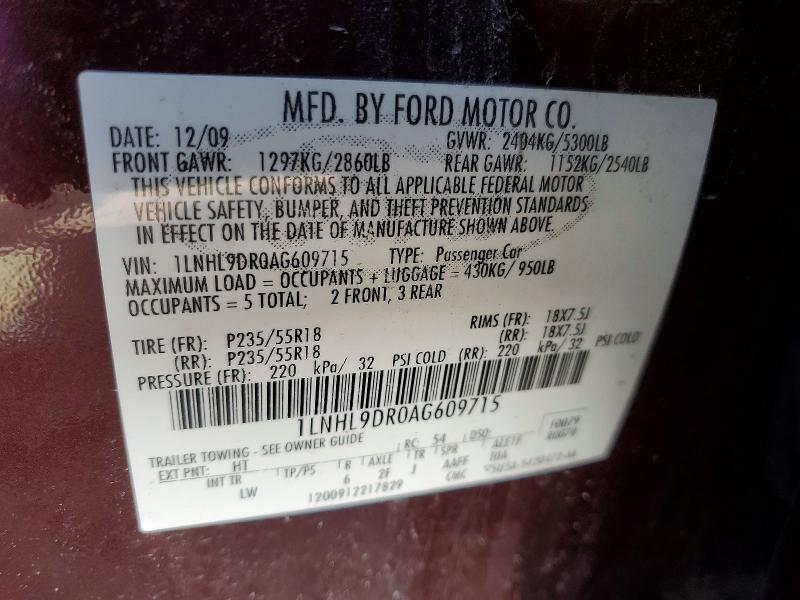 47417336 :رقم المزاد ، 1LNHL9DR0AG609715 vin ، 2010 Lincoln Townhouse Mks 4dr مزاد بيع