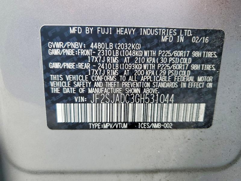 2016 Subaru Forester მანქანა იყიდება აუქციონზე, vin: JF2SJADC3GH531044, აუქციონის ნომერი: 47324766