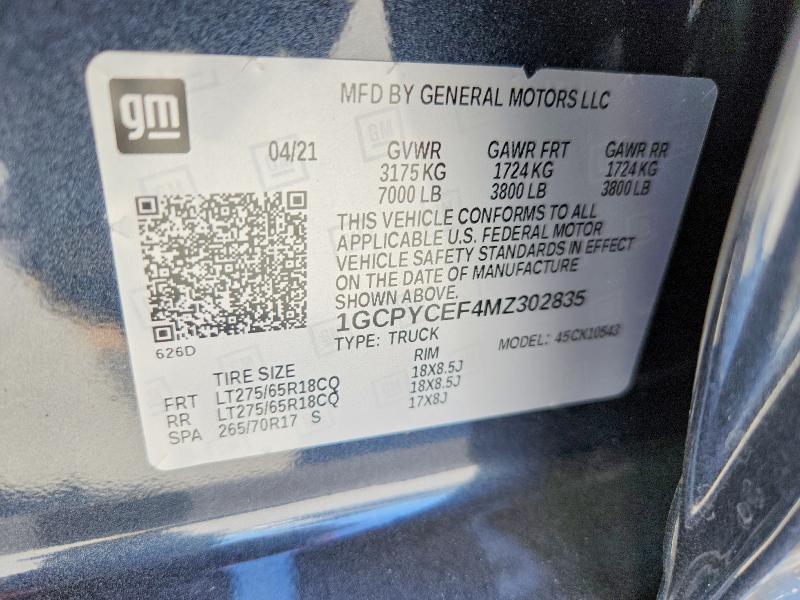 47032956 :رقم المزاد ، 1GCPYCEF4MZ302835 vin ، 2021 Chevrolet Silverado مزاد بيع