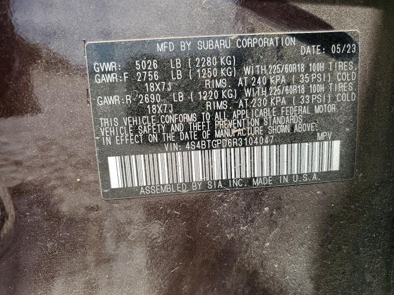 Aukcja sprzedaży 2024 Subaru Outback, vin: 4S4BTGPD6R3104047, numer aukcji: 48312916