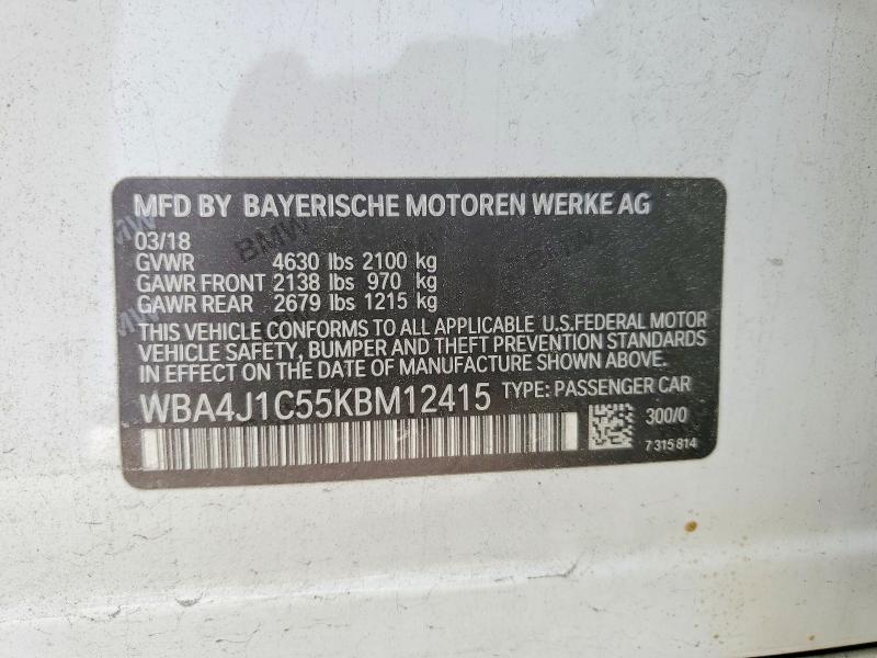 47118536 :رقم المزاد ، WBA4J1C55KBM12415 vin ، 2019 Bmw 430i مزاد بيع