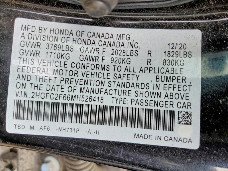 2021 Honda Civic მანქანა იყიდება აუქციონზე, vin: 2HGFC2F66MH526418, აუქციონის ნომერი: 46737566