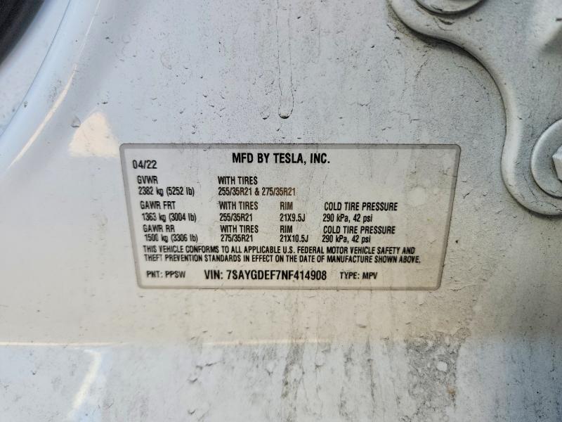 78649975 :رقم المزاد ، 7SAYGDEF7NF414908 vin ، 2022 Tesla Model Y مزاد بيع