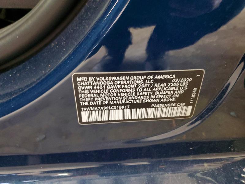 2020 Volkswagen Passat მანქანა იყიდება აუქციონზე, vin: 1VWMA7A39LC018917, აუქციონის ნომერი: 41900306