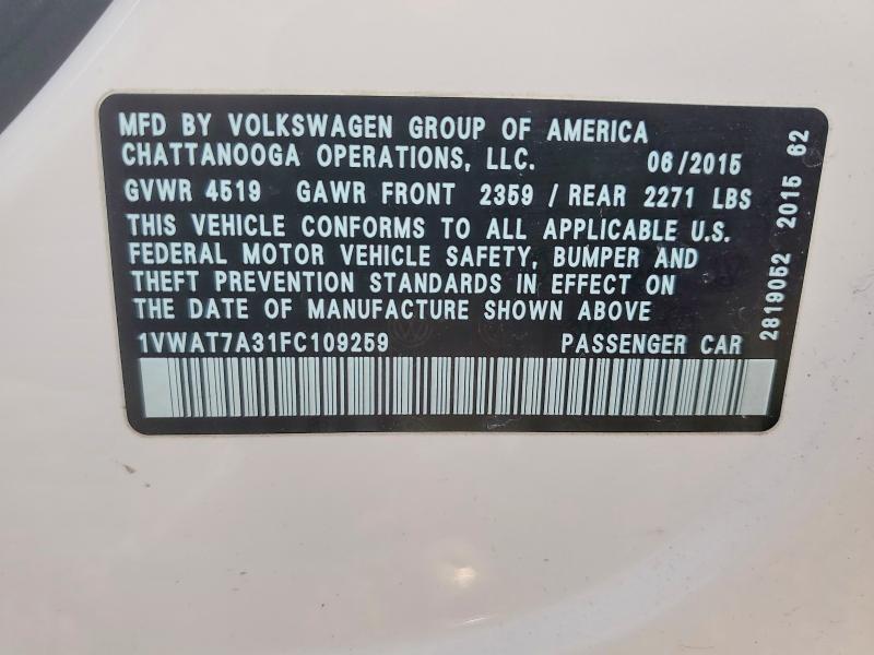 Aukcja sprzedaży 2015 Volkswagen Passat, vin: 1VWAT7A31FC109259, numer aukcji: 47580856