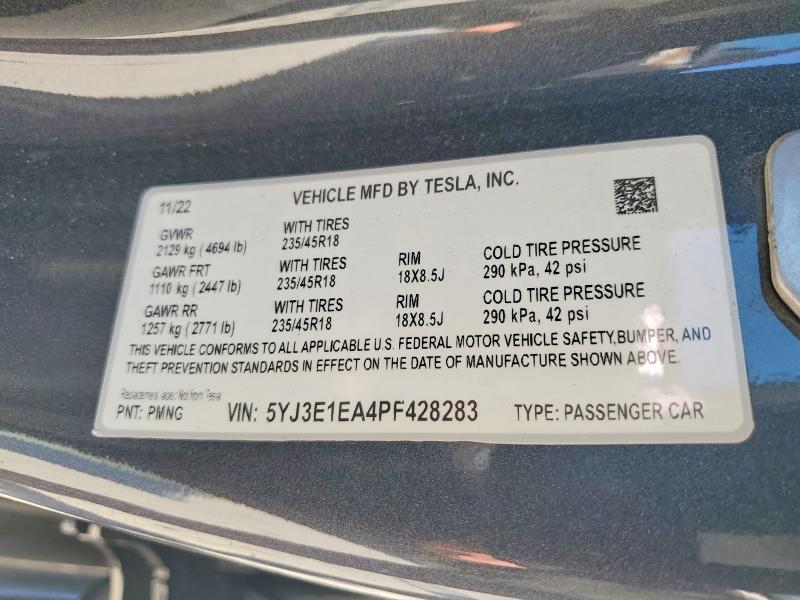 Aukcja sprzedaży 2023 Tesla Model 3, vin: 5YJ3E1EA4PF428283, numer aukcji: 45920506
