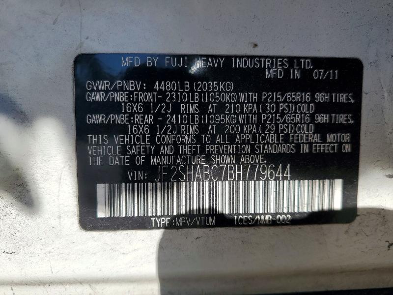 47018666 :رقم المزاد ، JF2SHABC7BH779644 vin ، 2011 Subaru Forester مزاد بيع