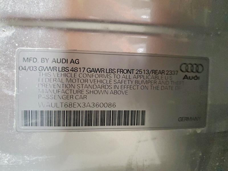 Продаж на аукціоні авто 2003 Audi A4, vin: WAULT68EX3A360086, номер лоту: 46035346