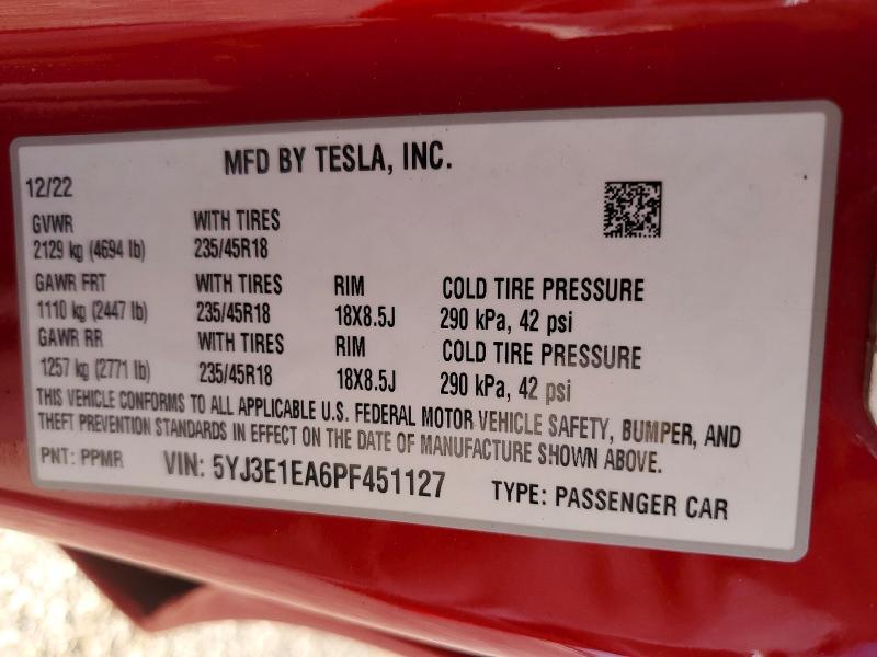 Продажа на аукционе авто 2023 Tesla Model 3, vin: 5YJ3E1EA6PF451127, номер лота: 47494376
