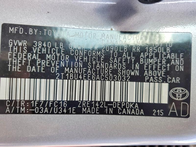 2010 Toyota Corolla მანქანა იყიდება აუქციონზე, vin: 2T1BU4EE6AC503032, აუქციონის ნომერი: 41640556