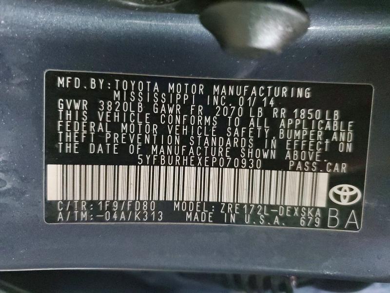 Продаж на аукціоні авто 2014 Toyota Corolla, vin: 5YFBURHEXEP070930, номер лоту: 45829386