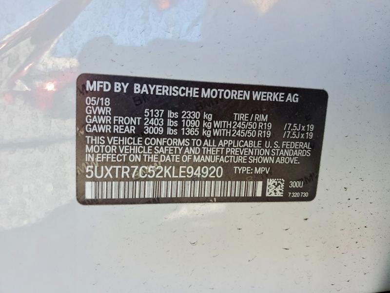 46518636 :رقم المزاد ، 5UXTR7C52KLE94920 vin ، 2019 Bmw X3 مزاد بيع