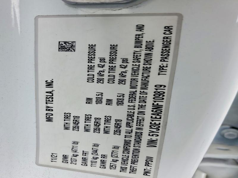 Aukcja sprzedaży 2022 Tesla Model 3, vin: 5YJ3E1EA6NF109819, numer aukcji: 47645226