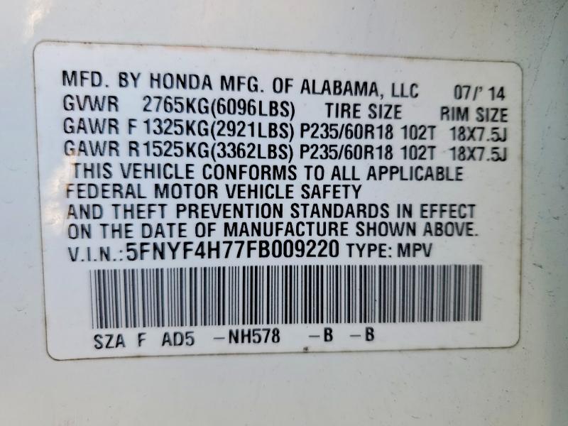 2015 Honda Pilot მანქანა იყიდება აუქციონზე, vin: 5FNYF4H77FB009220, აუქციონის ნომერი: 46114816