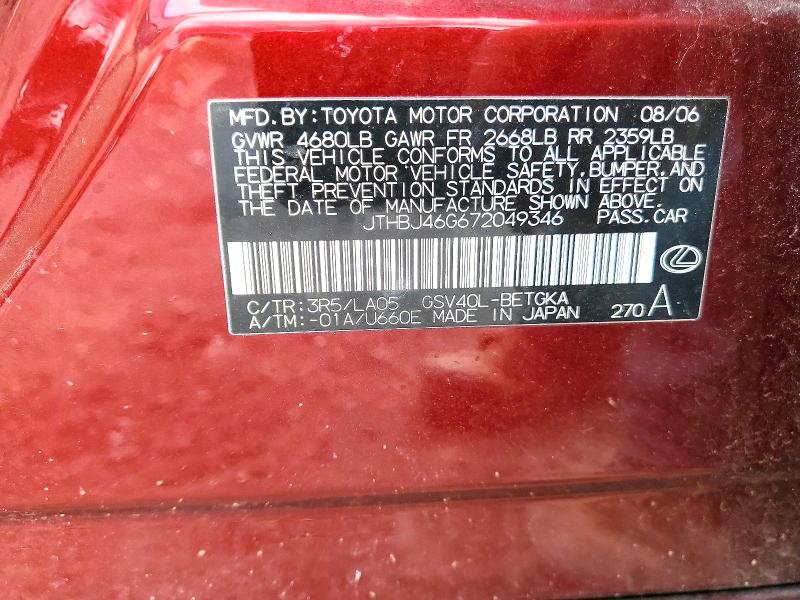 Aukcja sprzedaży 2007 Lexus Es 350, vin: JTHBJ46G672049346, numer aukcji: 46686136