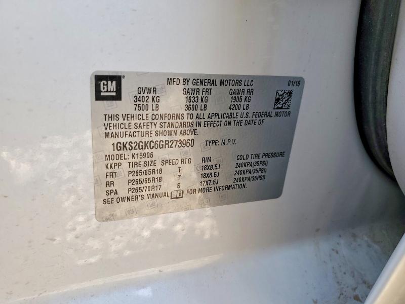 46409836 :رقم المزاد ، 1GKS2GKC6GR273960 vin ، 2016 Gmc Yukon Xl مزاد بيع