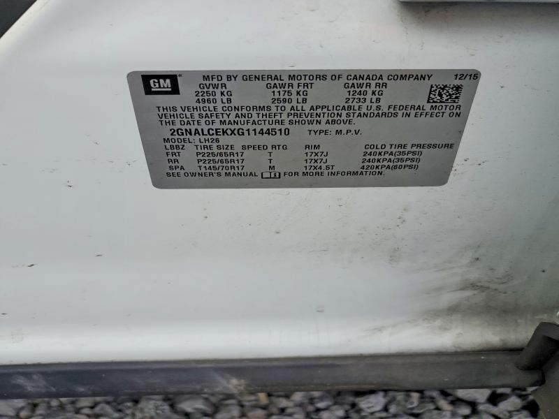 79562705 :رقم المزاد ، 2GNALCEKXG1144510 vin ، 2016 Chevrolet Equinox مزاد بيع