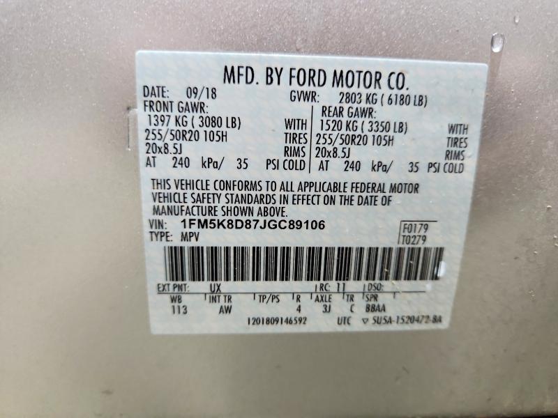 45574866 :رقم المزاد ، 1FM5K8D87JGC89106 vin ، 2018 Ford Explorer مزاد بيع