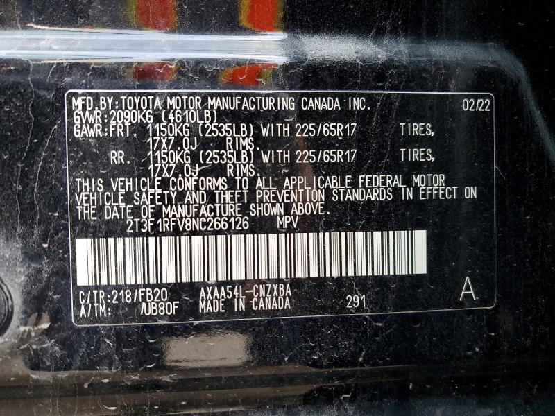 48004866 :رقم المزاد ، 2T3F1RFV8NC266126 vin ، 2022 Toyota Rav4 مزاد بيع