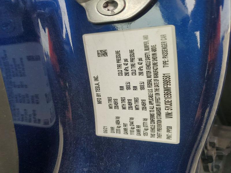 47116336 :رقم المزاد ، 5YJ3E1EB6MF998581 vin ، 2021 Tesla Model 3 مزاد بيع
