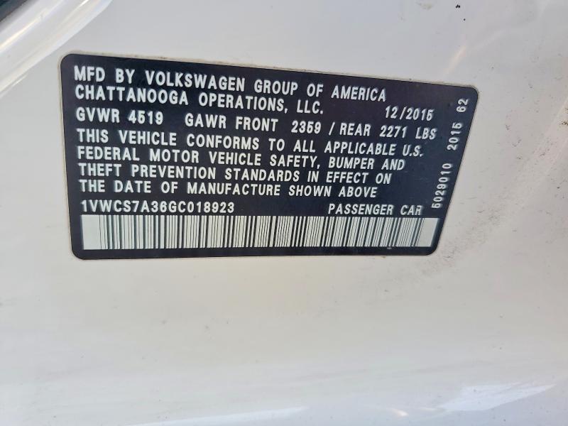 47287606 :رقم المزاد ، 1VWCS7A36GC018923 vin ، 2016 Volkswagen Passat مزاد بيع