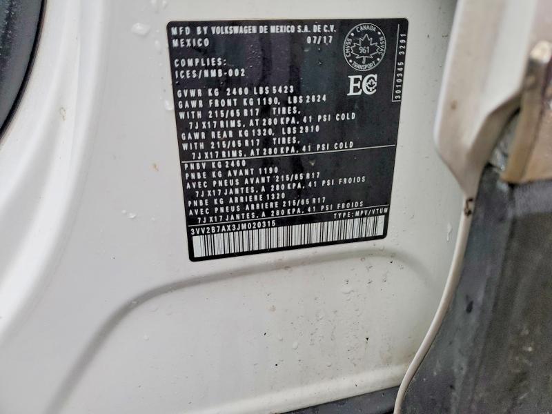 Aukcja sprzedaży 2018 Volkswagen Tiguan, vin: 3VV2B7AX3JM020315, numer aukcji: 76255065