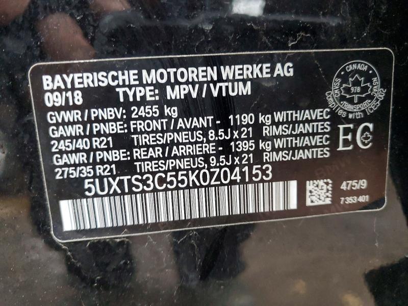 97677015 :رقم المزاد ، 5UXTS3C55K0Z04153 vin ، 2019 Bmw X3 مزاد بيع