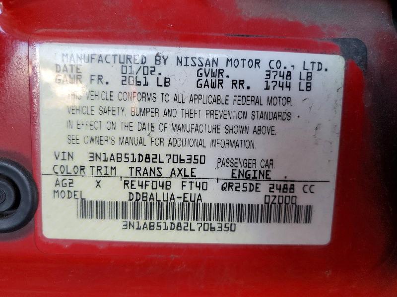 2002 Nissan Sentra მანქანა იყიდება აუქციონზე, vin: 3N1AB51D82L706350, აუქციონის ნომერი: 42020046