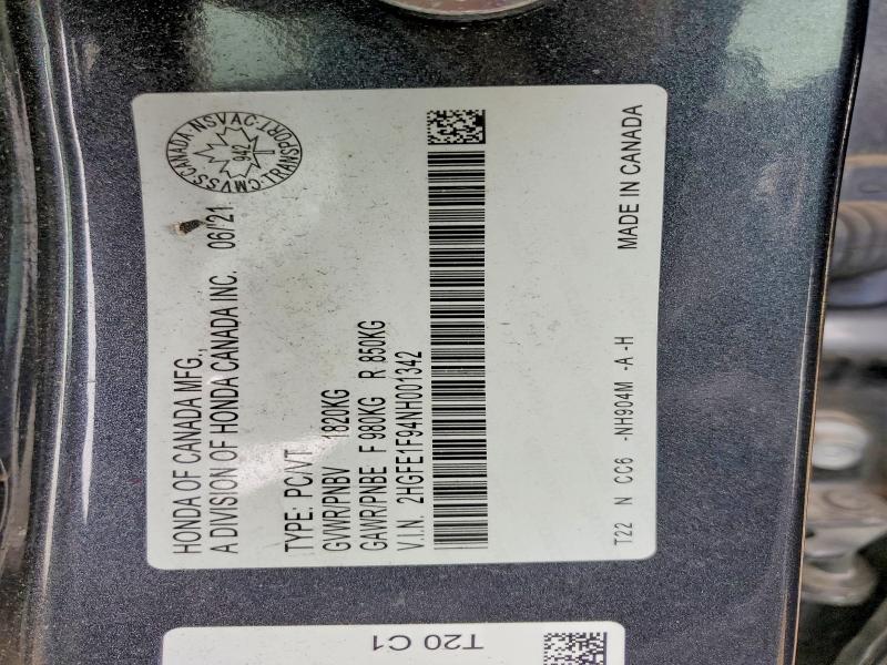 Aukcja sprzedaży 2022 Honda Civic, vin: 2HGFE1F94NH001342, numer aukcji: 46433686