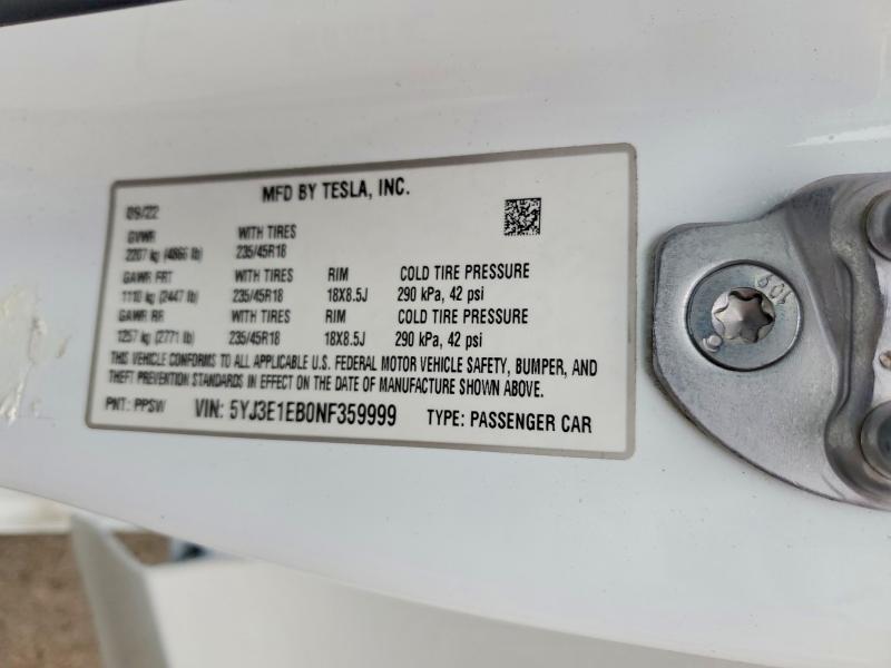 48445716 :رقم المزاد ، 5YJ3E1EB0NF359999 vin ، 2022 Tesla Model 3 مزاد بيع