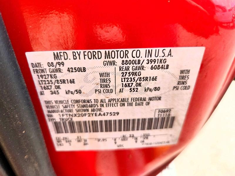 2000 Ford F250 მანქანა იყიდება აუქციონზე, vin: 1FTNX20F2YEA47529, აუქციონის ნომერი: 42080476