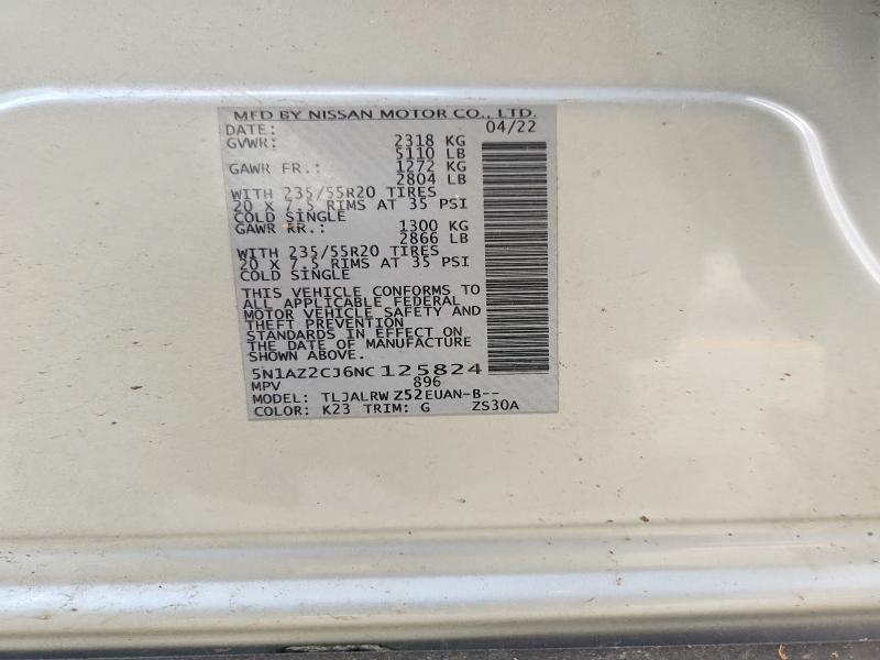 47033476 :رقم المزاد ، 5N1AZ2CJ6NC125824 vin ، 2022 Nissan Murano مزاد بيع