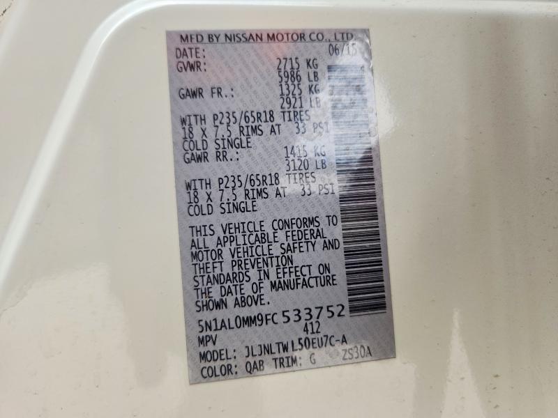 Aukcja sprzedaży 2015 Infiniti Qx60, vin: 5N1AL0MM9FC533752, numer aukcji: 47410766