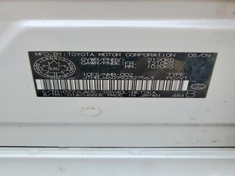 Aukcja sprzedaży 2009 Lexus Es 350, vin: JTHBJ46G992327563, numer aukcji: 46992216